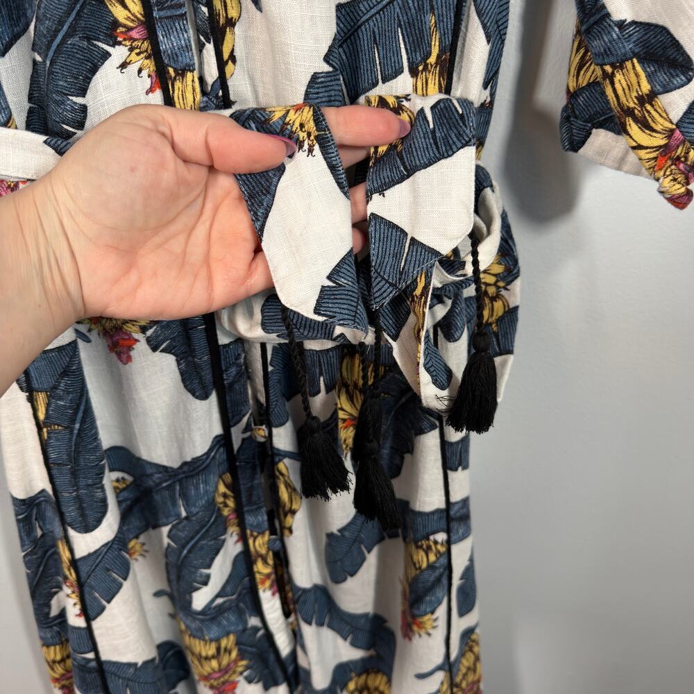 Desmond & Dempsey Linen-Blend Tropical Banana Leaf Midi Kaftan Dress S Resort - Picture 5 of 10